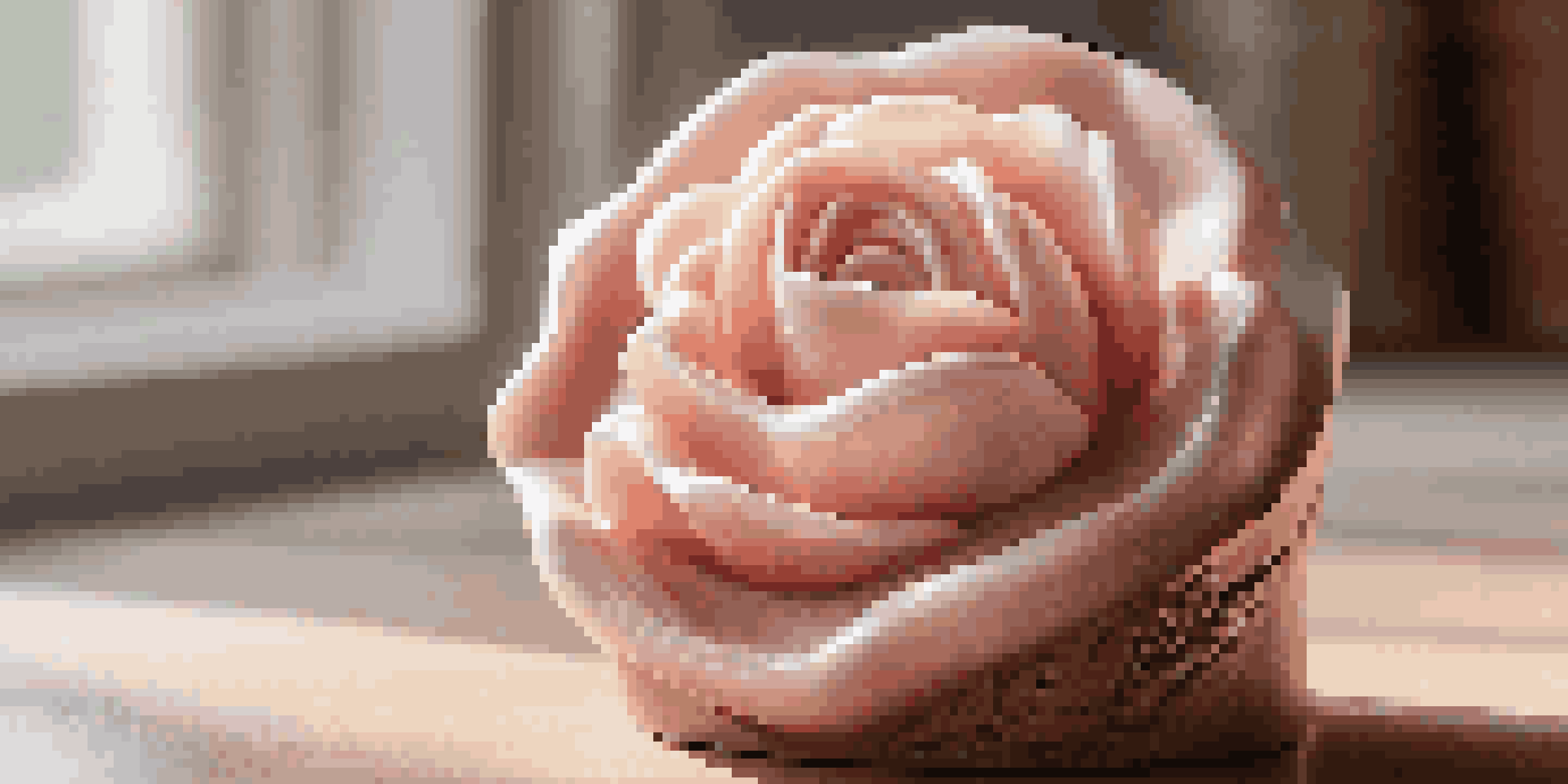 Close-up of a carved soap rose sculpture on a wooden table, illuminated by natural light.