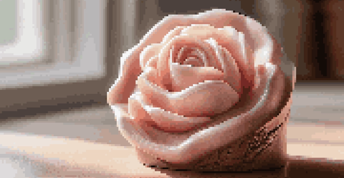 Close-up of a carved soap rose sculpture on a wooden table, illuminated by natural light.