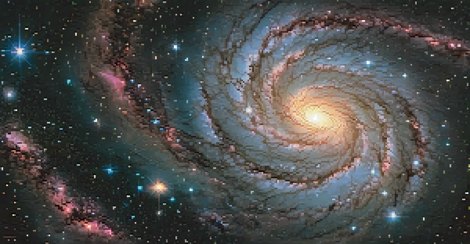 An artistic depiction of a spiraled galaxy viewed through the Hubble Space Telescope, showcasing colorful stars and cosmic dust.