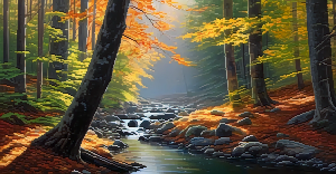 A peaceful forest in autumn with colorful leaves and sunlight filtering through the trees.