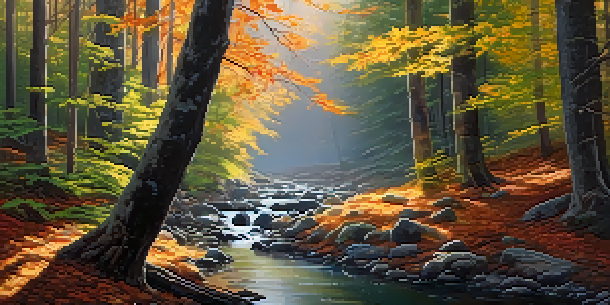 A peaceful forest in autumn with colorful leaves and sunlight filtering through the trees.