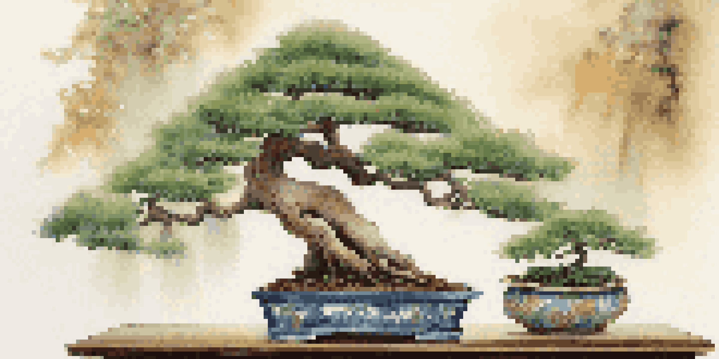 A bonsai tree in a beautifully designed ceramic pot on a wooden table, surrounded by green plants and soft natural light.
