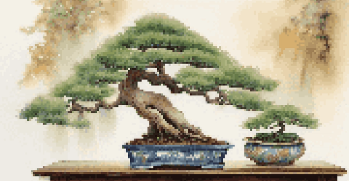 A bonsai tree in a beautifully designed ceramic pot on a wooden table, surrounded by green plants and soft natural light.