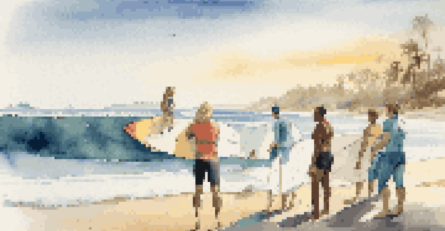 A group of surfers on the beach sharing safety tips and discussing wave conditions, with surfboards and the ocean in the background.