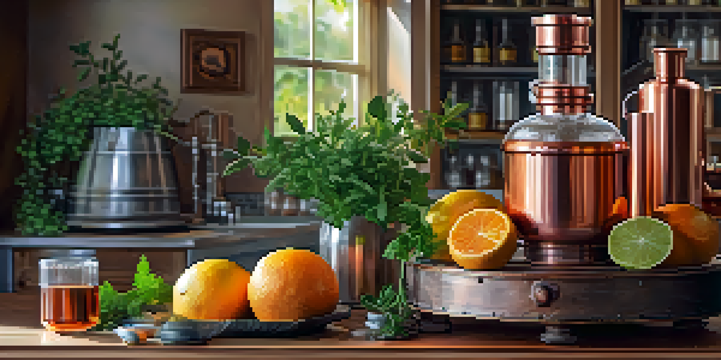 A home distillation setup with a copper still, fresh herbs, and fruits, illuminated by warm lighting.