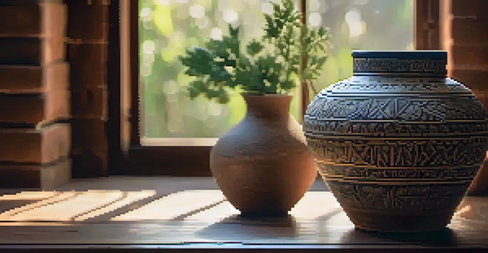 A close-up of an ancient pottery piece with intricate designs, illuminated by warm natural sunlight on a rustic wooden table.