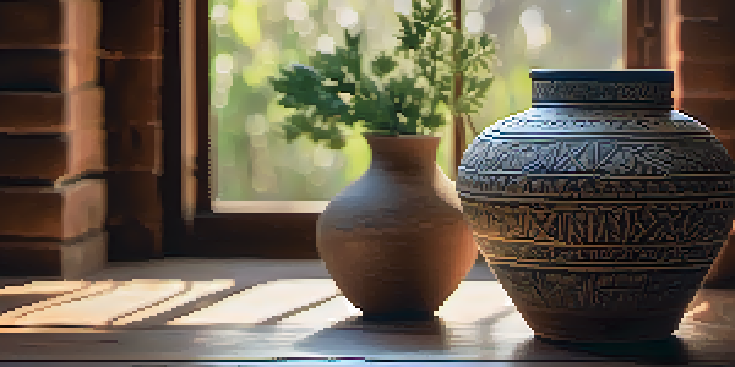 A close-up of an ancient pottery piece with intricate designs, illuminated by warm natural sunlight on a rustic wooden table.