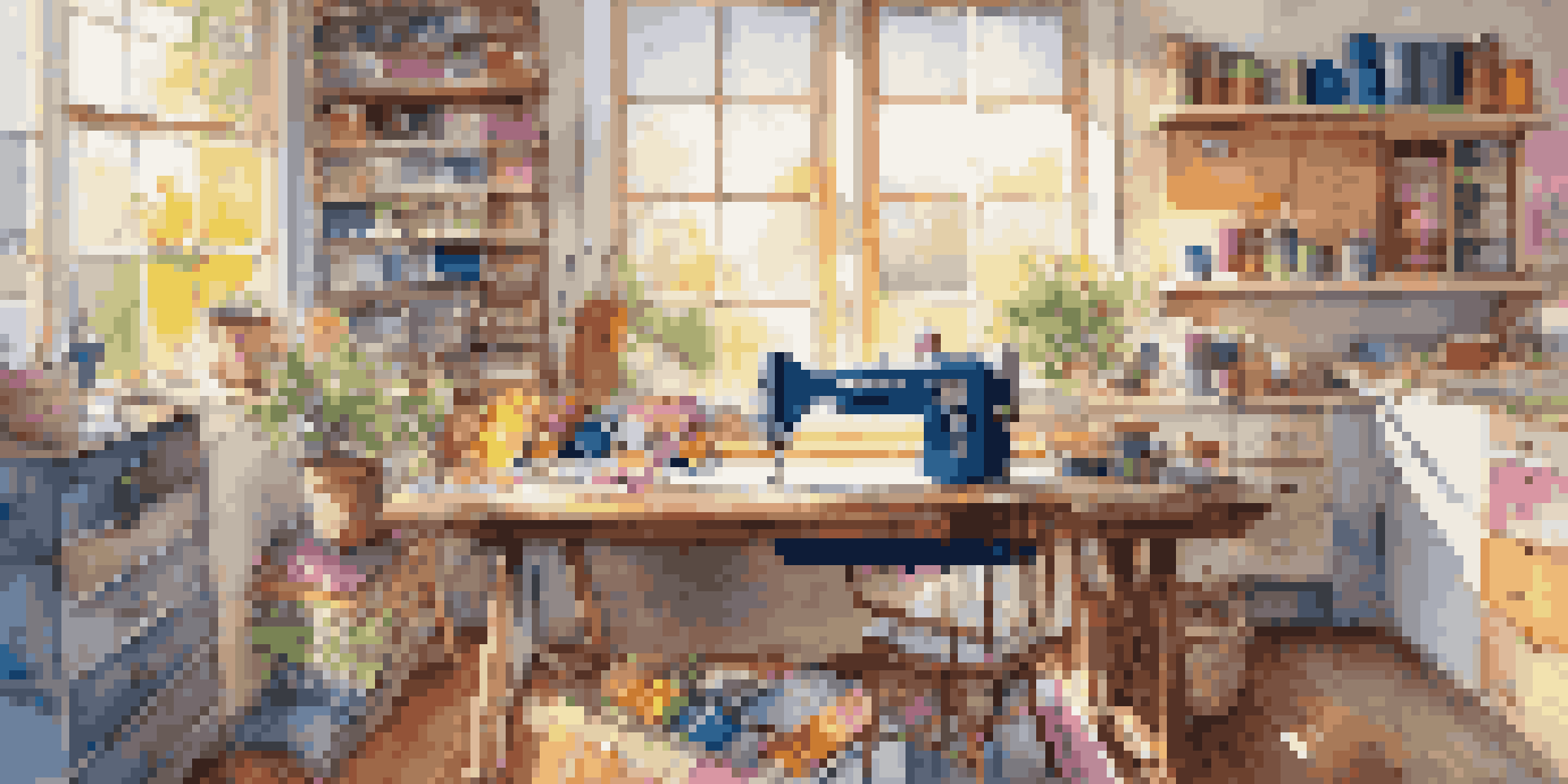 A colorful DIY crafting workspace with fabrics, a sewing machine, and crafting supplies under sunlight.