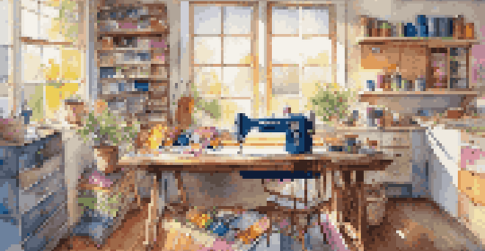 A colorful DIY crafting workspace with fabrics, a sewing machine, and crafting supplies under sunlight.