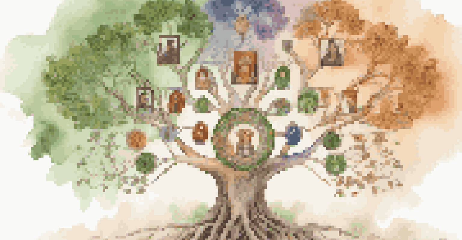 A family tree illustration featuring diverse cultural symbols and a colorful background representing migration and heritage.