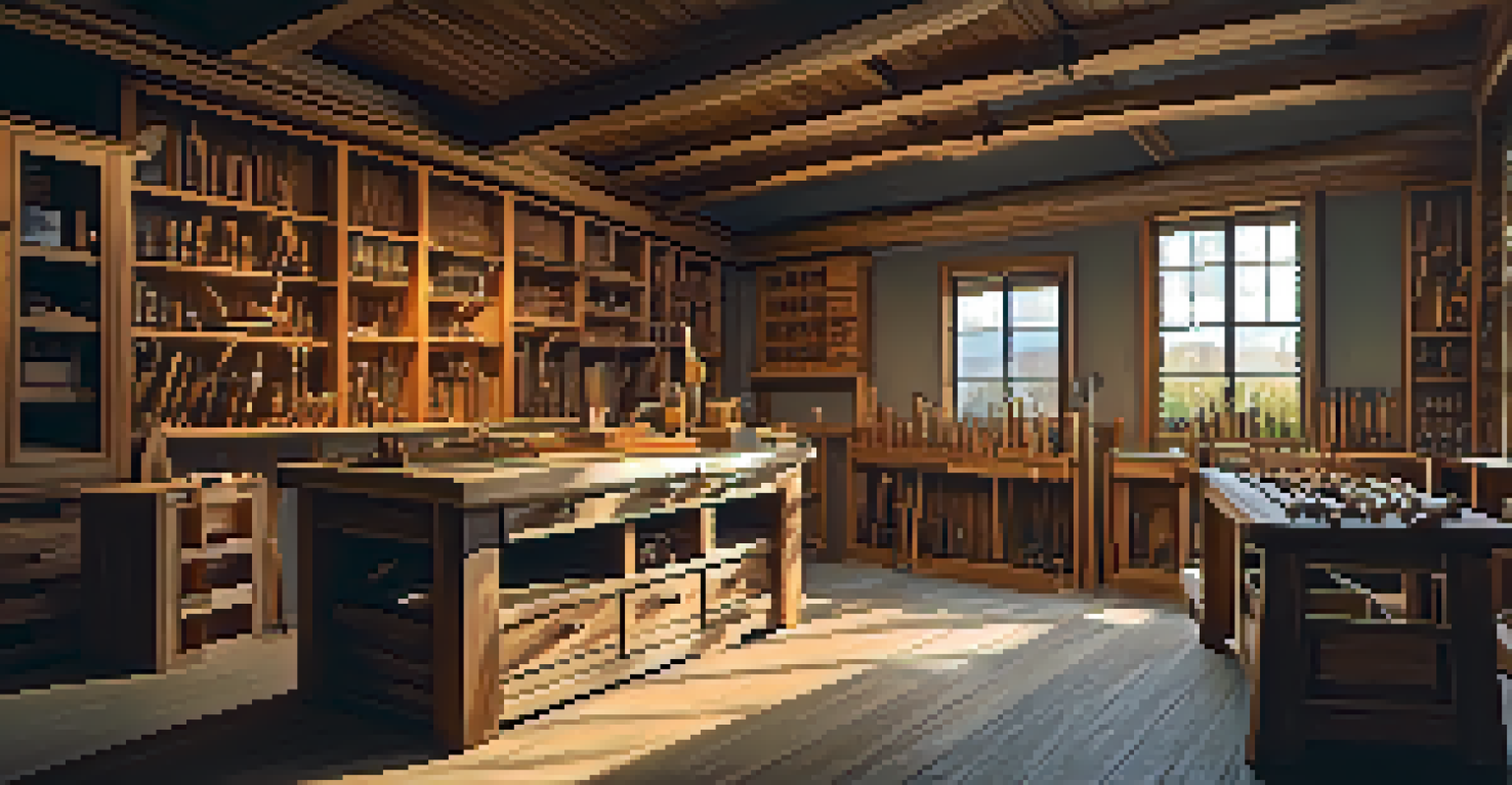 An artisan woodworking workshop showcasing handcrafted furniture and tools on a workbench.