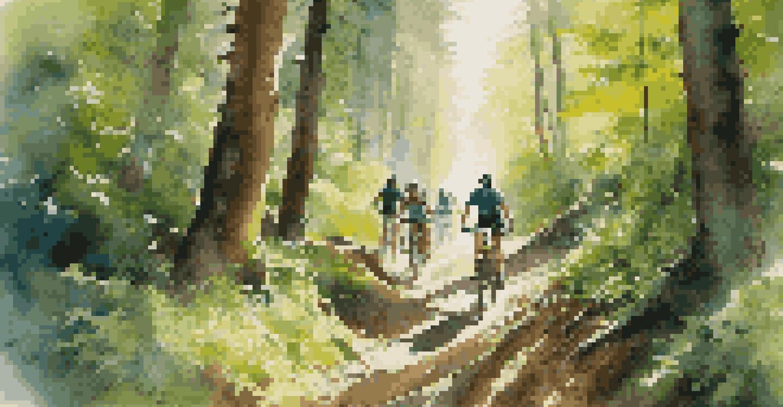 A group of mountain bikers riding through a forest trail, surrounded by greenery and sunlight filtering through the trees.