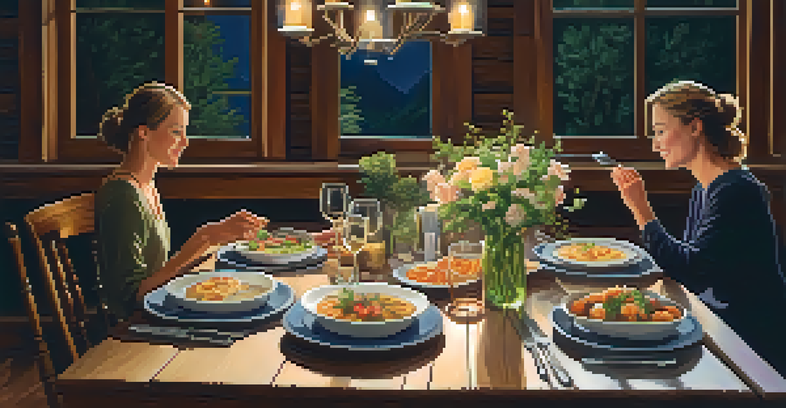 A beautifully set dinner table with two friends enjoying a meal by candlelight, creating an intimate and warm atmosphere.