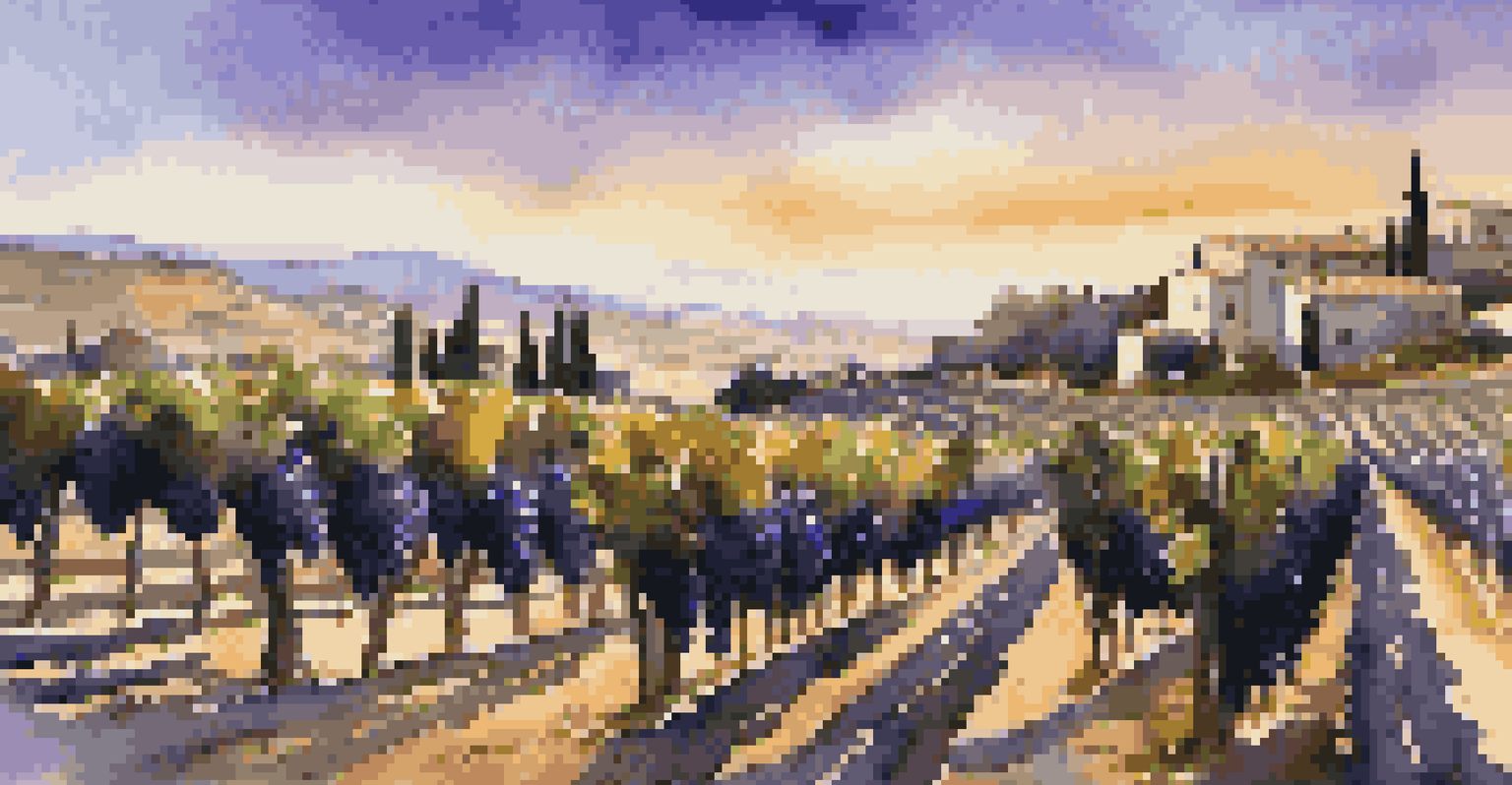 A Sicilian vineyard filled with ripe Nero d'Avola grapes under a bright blue sky, bathed in golden hour light.
