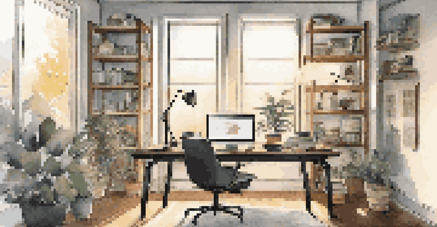 A modern home office with task lighting from smart bulbs, illuminating a desk with a laptop and books, while natural light comes through the window.
