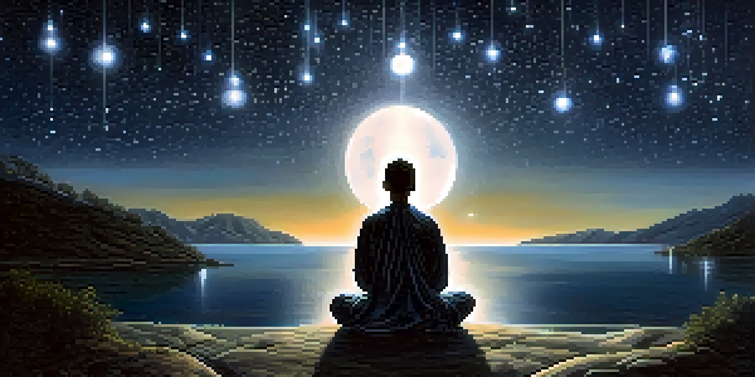 A person meditating at night, surrounded by glowing orbs of light and a starry sky, creating a peaceful and mystical atmosphere.