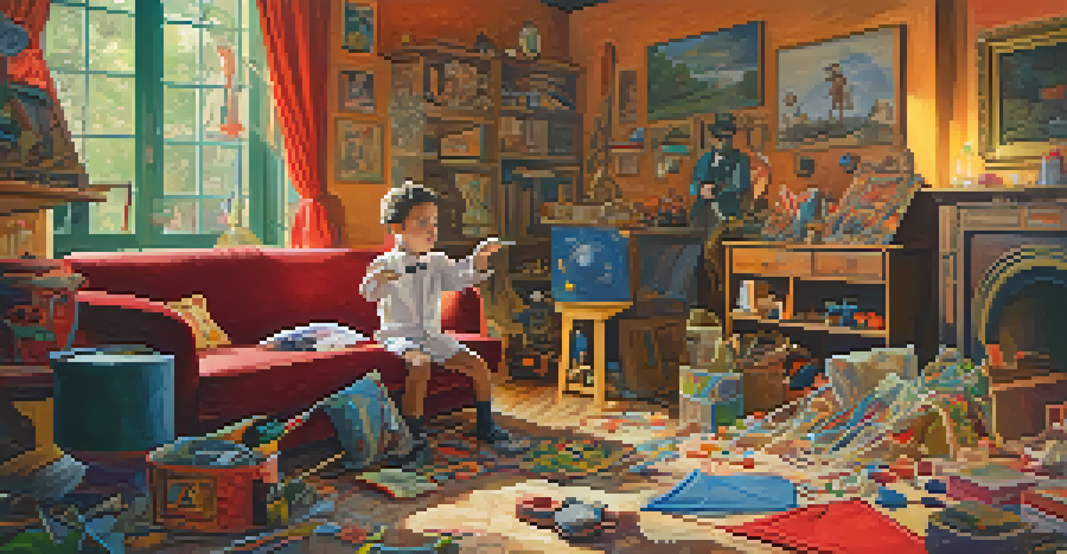 A child magician using everyday objects like a handkerchief and rubber band in a colorful living room, showcasing a sense of wonder while performing.