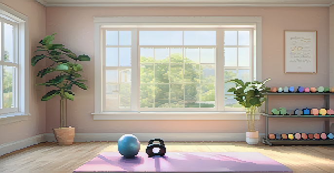 A well-lit home workout space with a yoga mat and dumbbells, decorated with motivational quotes and a plant.