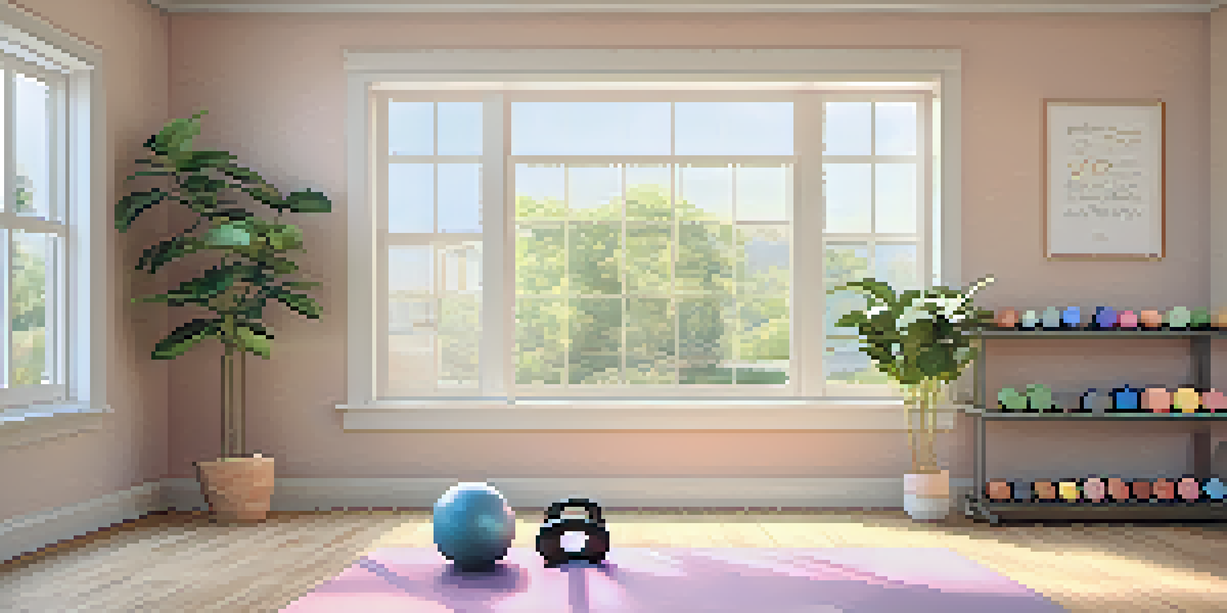 A well-lit home workout space with a yoga mat and dumbbells, decorated with motivational quotes and a plant.