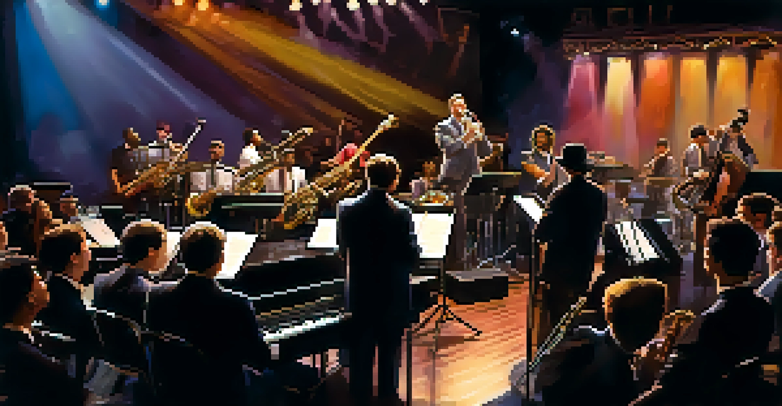 A lively jazz ensemble performing on stage with dynamic lighting, showcasing musicians engaged in improvisation and an excited audience.
