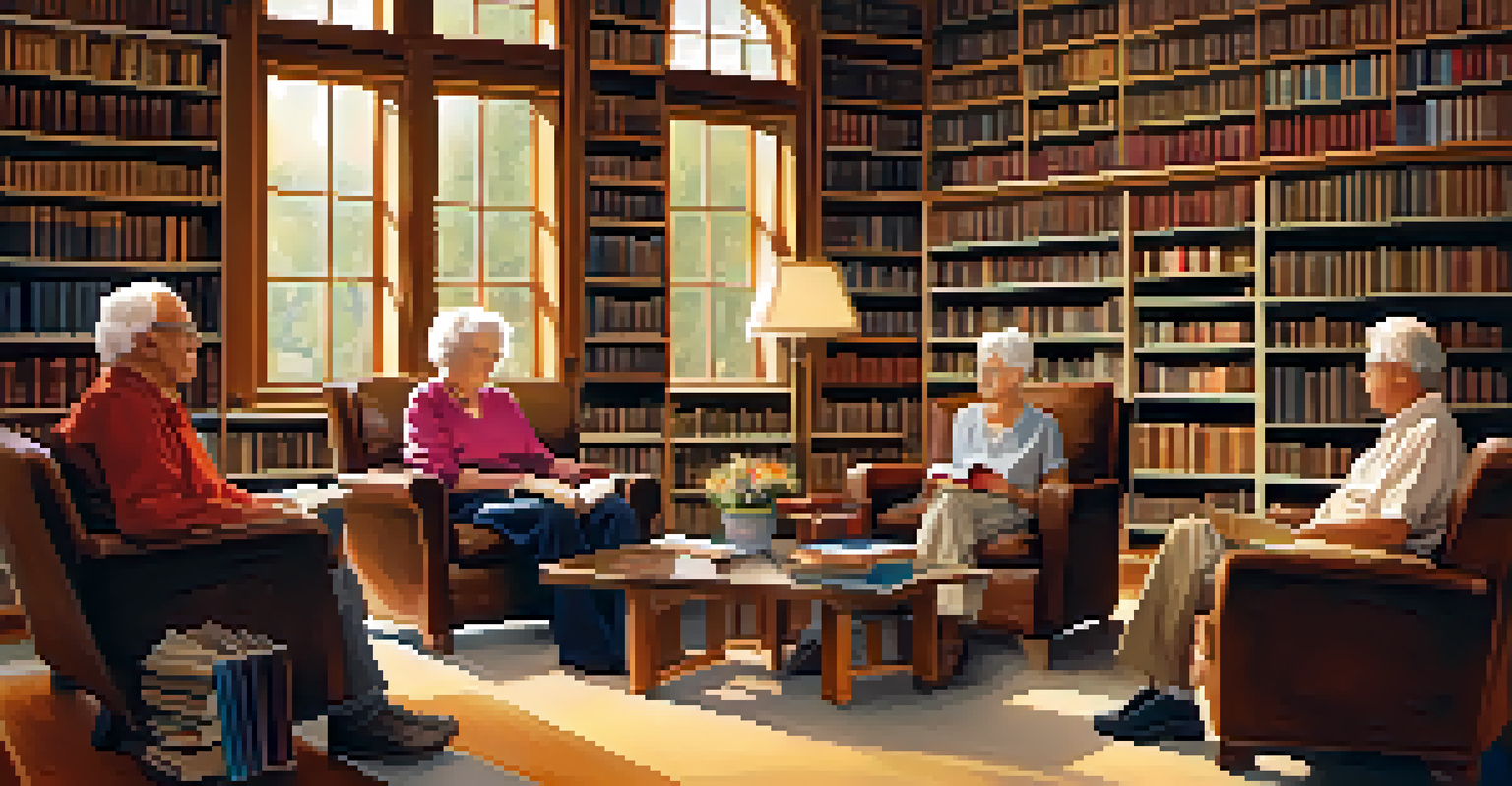 Seniors in a library discussing books in a friendly book club setting.