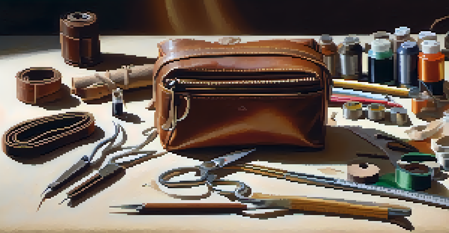 Leather crafting tools like needles and threads arranged on a work surface with leather scraps and measuring tape in soft lighting.