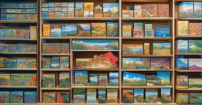 A shelf displaying an organized collection of colorful jigsaw puzzle boxes with labels, illuminated by soft natural light.