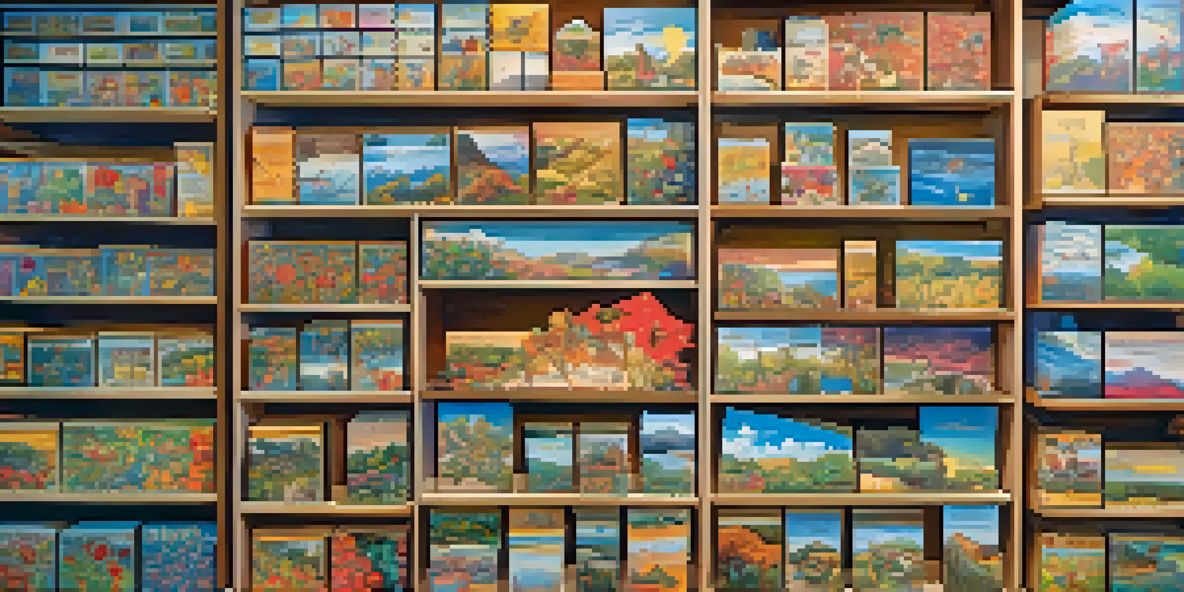 A shelf displaying an organized collection of colorful jigsaw puzzle boxes with labels, illuminated by soft natural light.