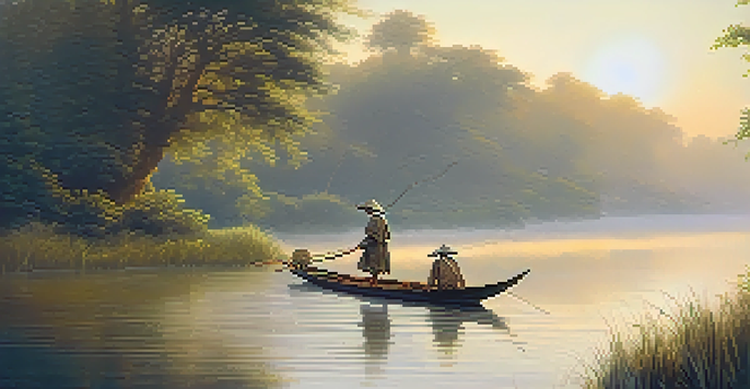 A fisherman in traditional attire stands by a river at dawn, using a wooden spear to catch fish, surrounded by mist and greenery.
