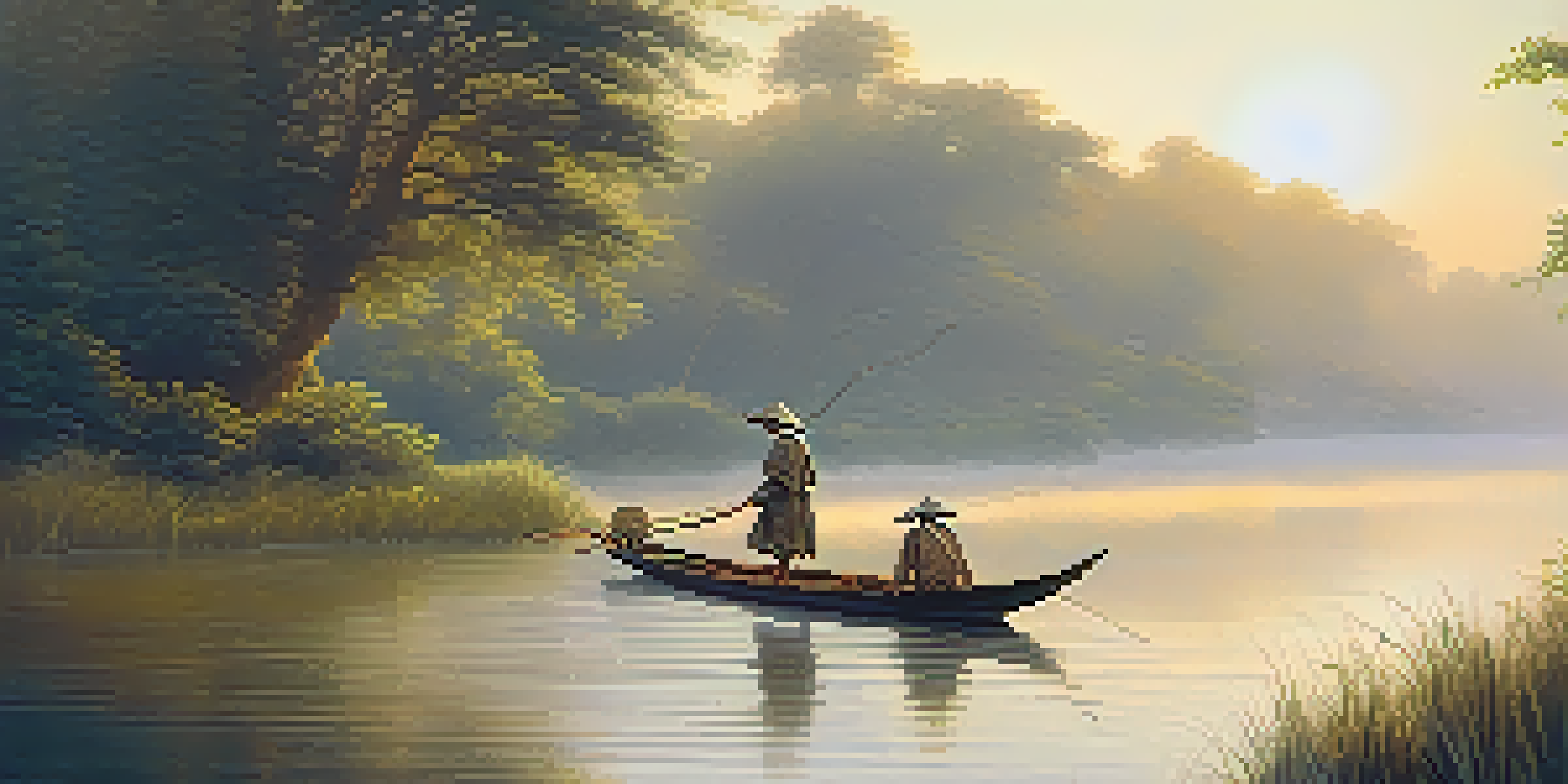 A fisherman in traditional attire stands by a river at dawn, using a wooden spear to catch fish, surrounded by mist and greenery.