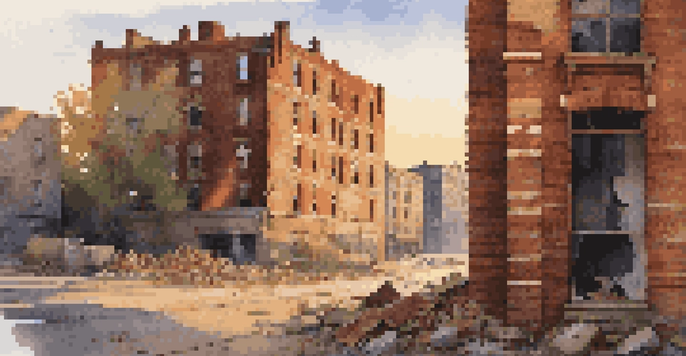 An abandoned building at dusk with crumbling walls and broken windows, illuminated by the golden hour light.