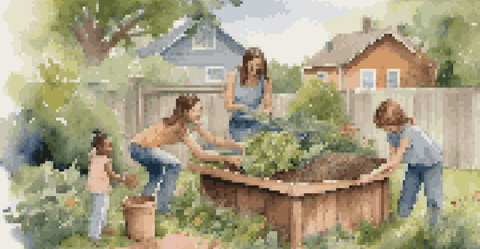 A happy family composting together in their backyard, with children adding scraps to a compost bin surrounded by greenery.