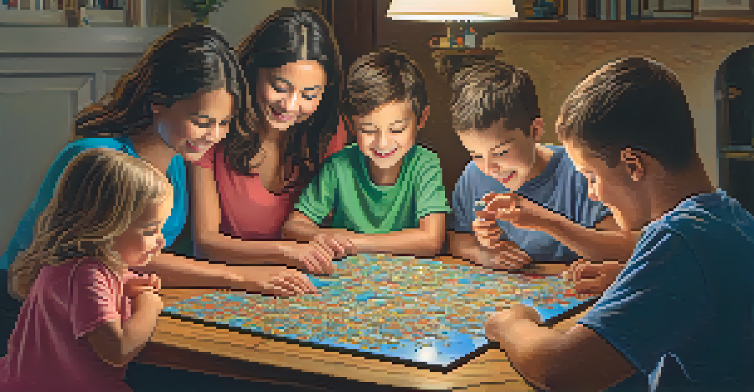 A family joyfully assembling a jigsaw puzzle together at a table, with expressions of concentration and happiness.
