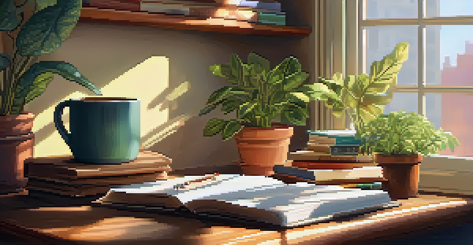 A warm and inviting writing space with a wooden desk, an open notebook, a cup of coffee, and a potted plant, illuminated by sunlight through a window.