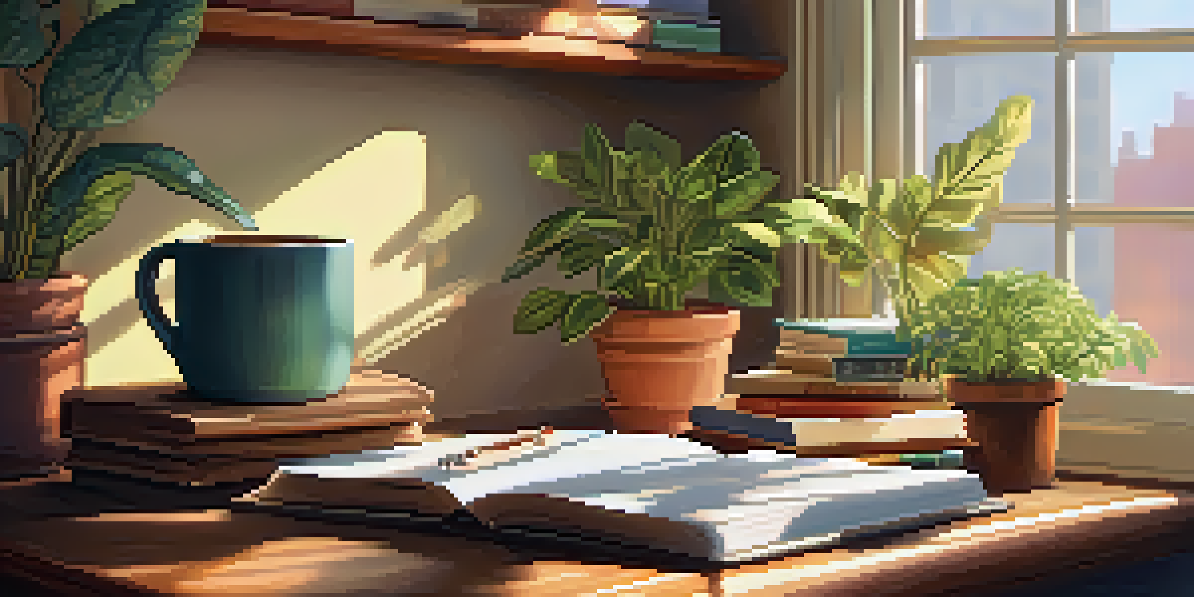 A warm and inviting writing space with a wooden desk, an open notebook, a cup of coffee, and a potted plant, illuminated by sunlight through a window.