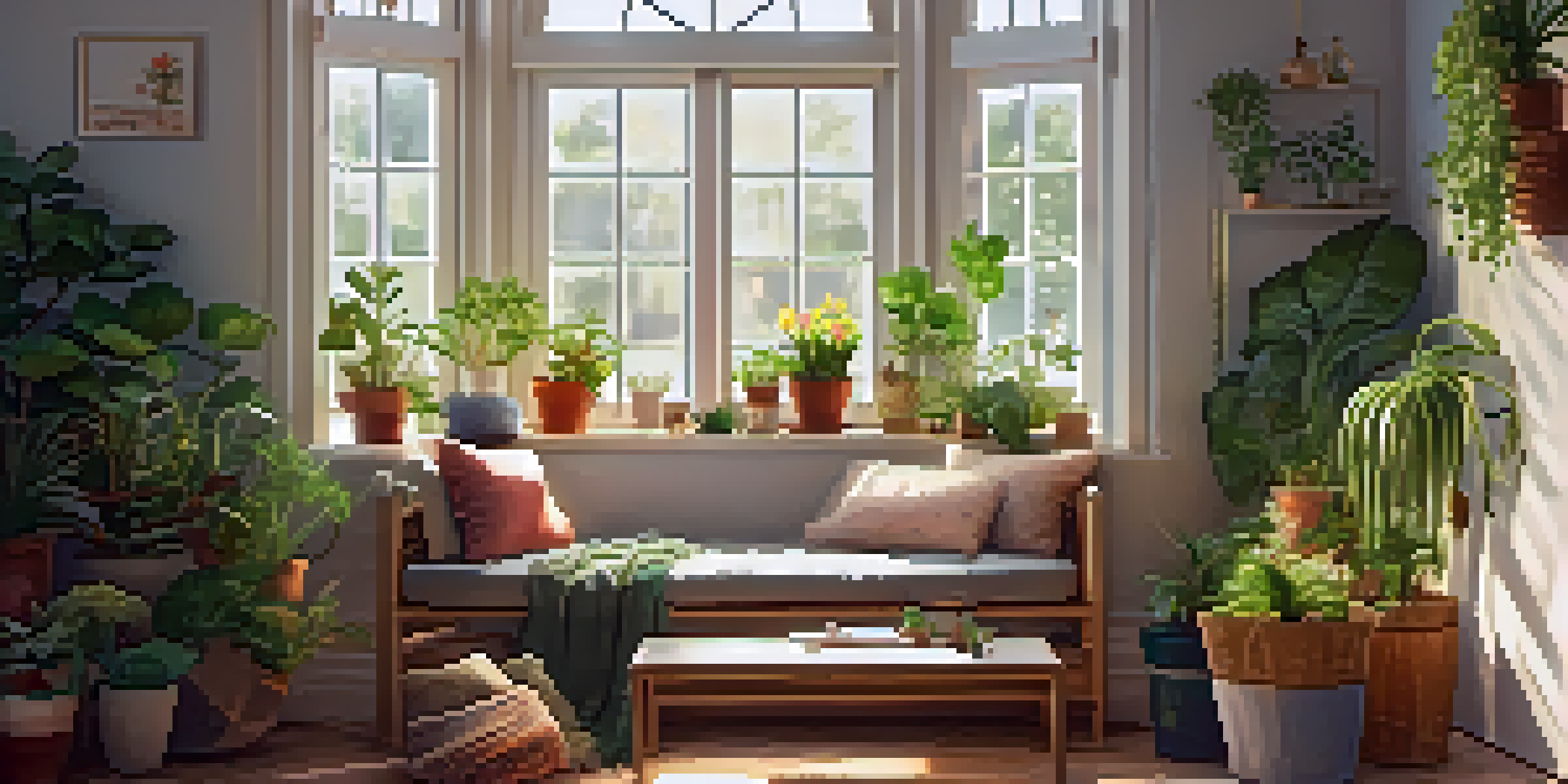 A bright and inviting indoor garden nook filled with various houseplants, a comfortable chair, and soft lighting.
