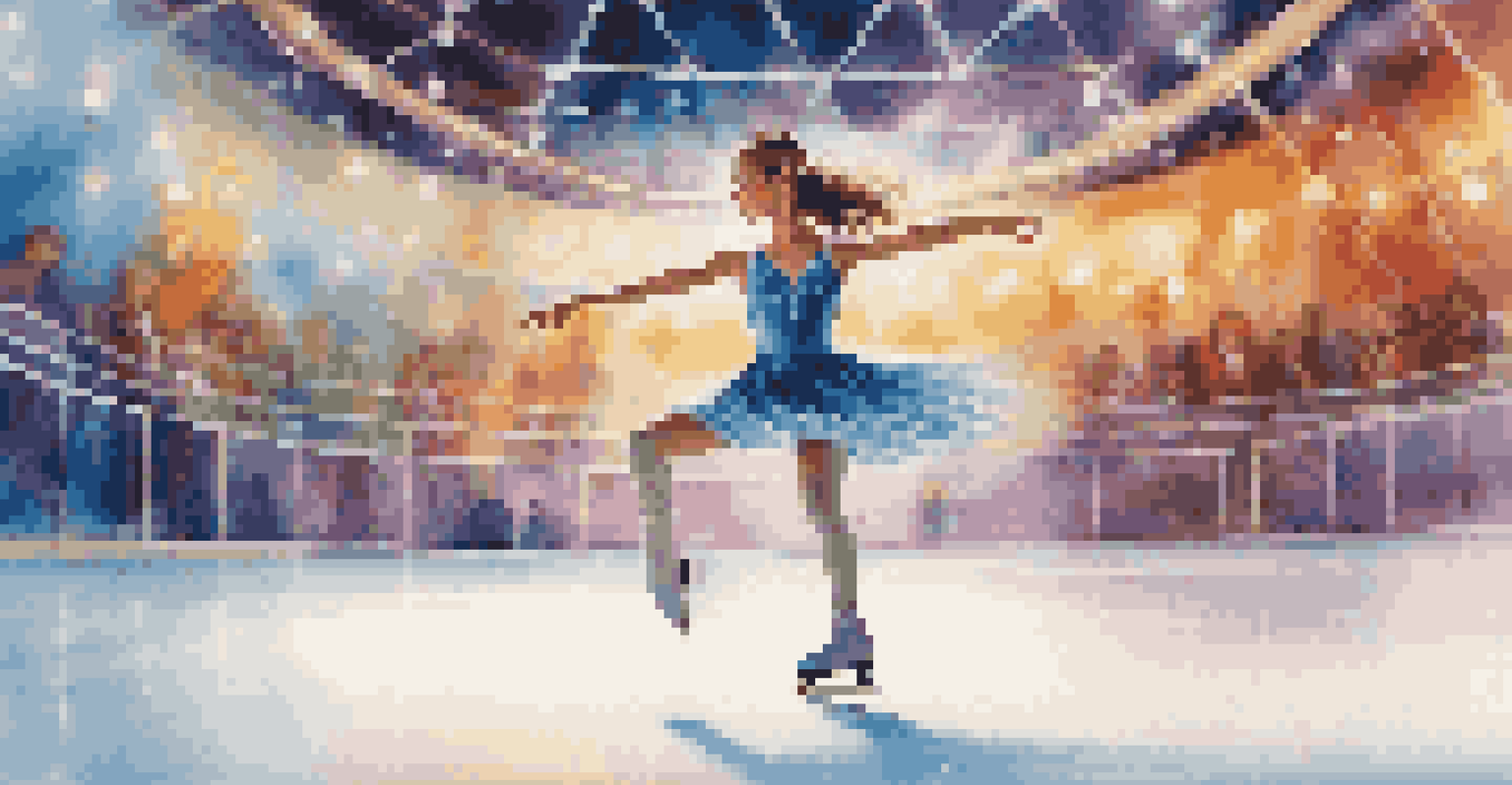 A young ice skater in motion, spinning elegantly on an illuminated indoor rink.