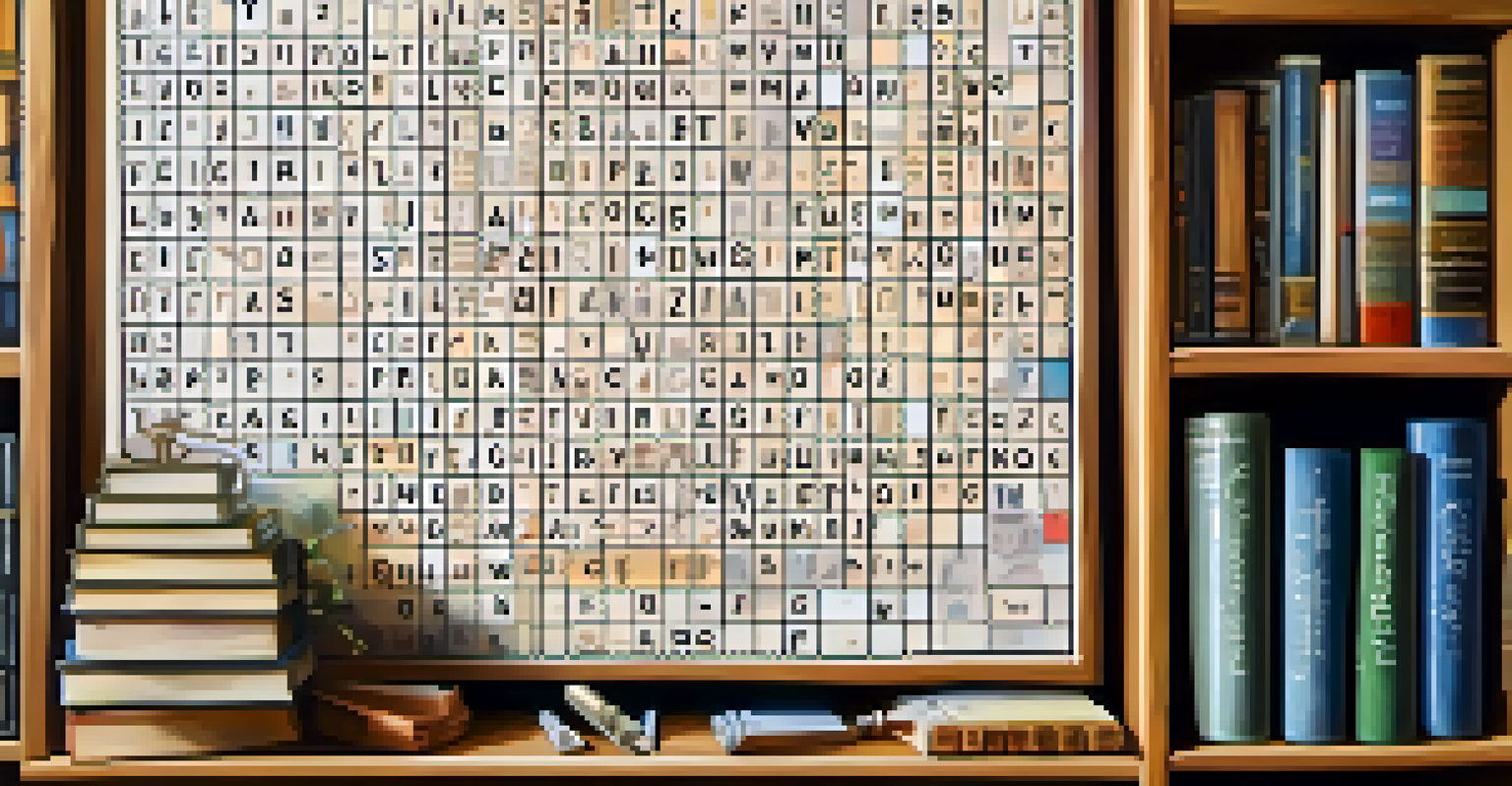 A close-up of a filled crossword puzzle grid with a pencil beside it, set against a blurred bookshelf background.