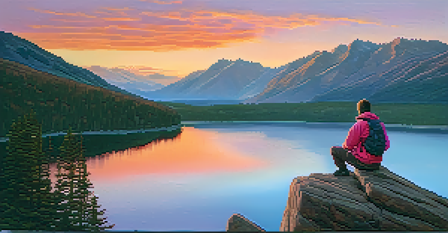 A lone hiker sitting on a rock at sunset, overlooking a valley with a lake, surrounded by vibrant colors in the sky and a peaceful landscape.
