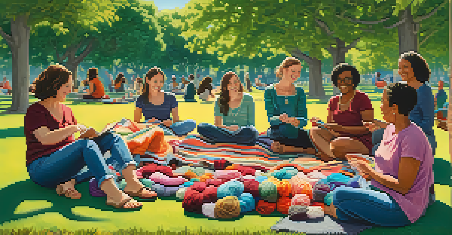 A diverse group of people sitting in a park knitting together, surrounded by colorful yarns and nature.
