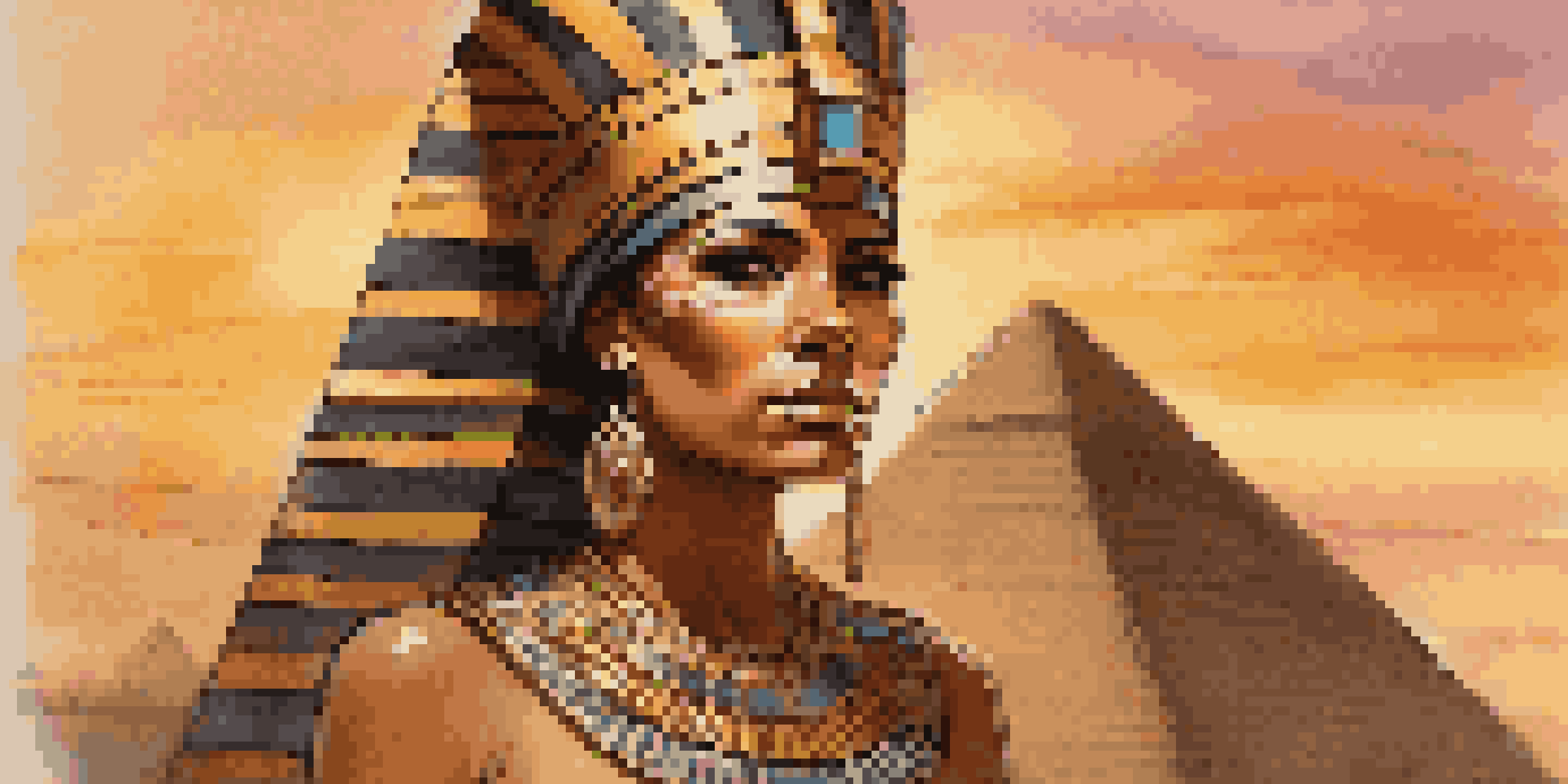 A female pharaoh in ancient Egypt wearing gold jewelry and a headdress, standing before the pyramids at sunset, exuding strength and wisdom.