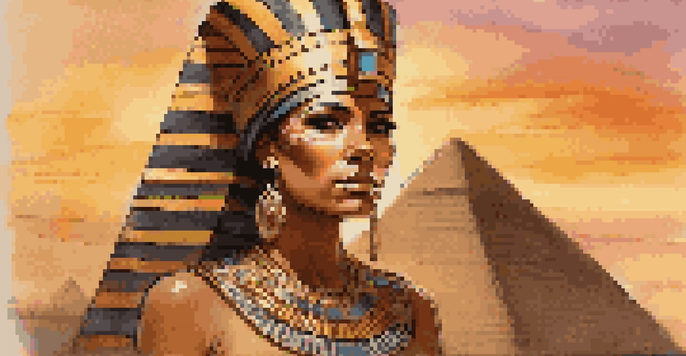 A female pharaoh in ancient Egypt wearing gold jewelry and a headdress, standing before the pyramids at sunset, exuding strength and wisdom.