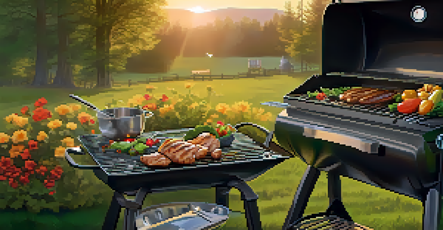 An outdoor barbecue grill with marinated chicken and colorful vegetables, surrounded by green grass and flowers, with smoke rising in the golden light of sunset.