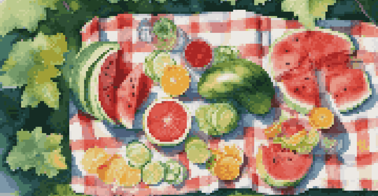 An aerial view of a picnic blanket with hydrating foods and water bottles in a green forest.