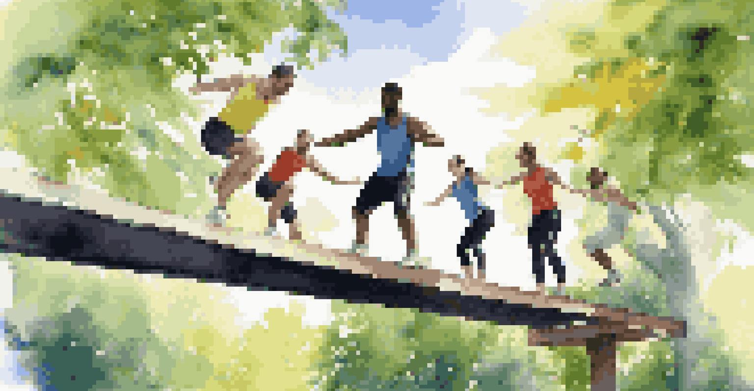 A group of people practicing parkour on a balance beam in a sunny outdoor park.