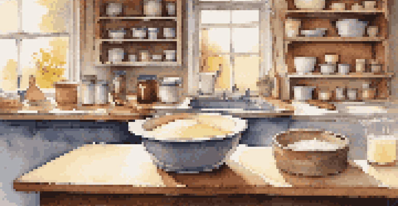A kitchen counter with a bowl of rising dough, warm water, and yeast, surrounded by baking ingredients and tools in a warm light setting.