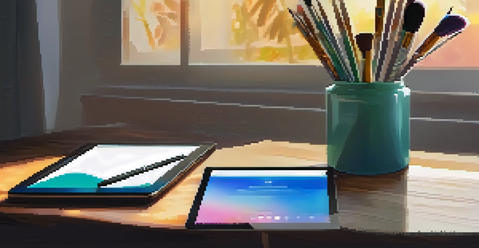 A digital tablet and stylus on a desk with colorful brushes and warm sunlight streaming in.