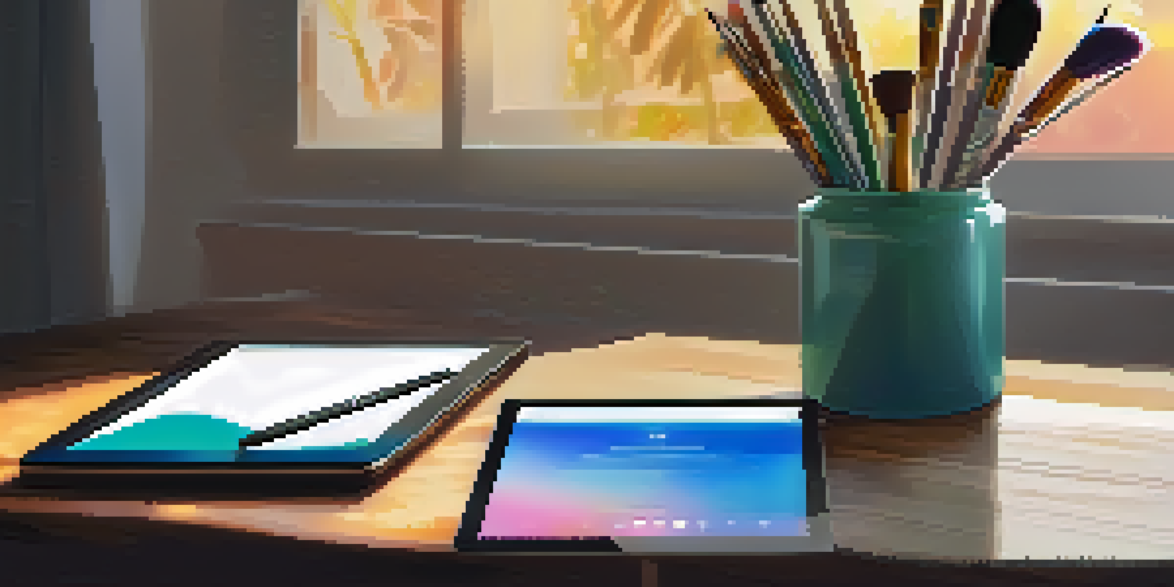 A digital tablet and stylus on a desk with colorful brushes and warm sunlight streaming in.