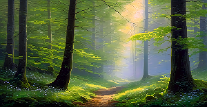 A peaceful forest landscape with sunlight filtering through tall trees, green moss on the ground, and delicate wildflowers.