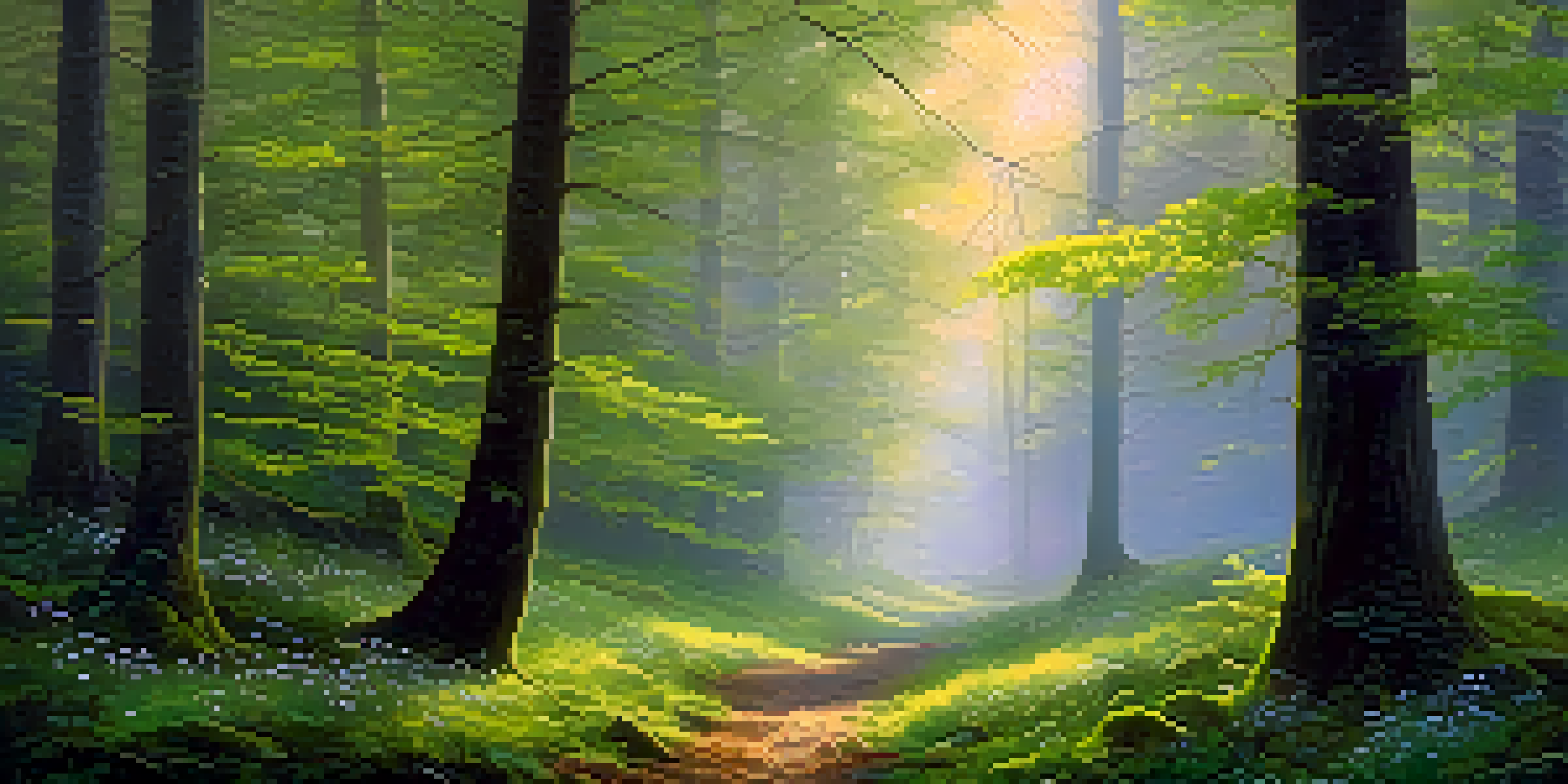 A peaceful forest landscape with sunlight filtering through tall trees, green moss on the ground, and delicate wildflowers.